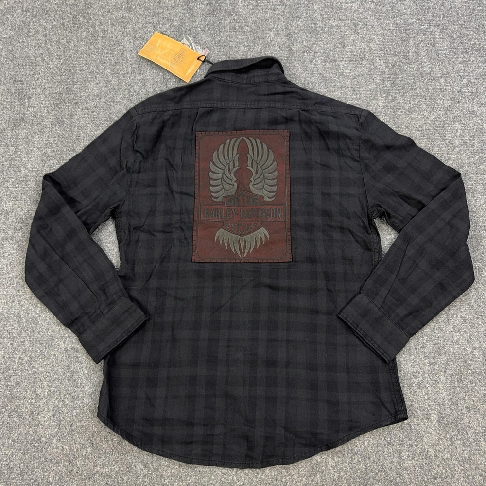 Harley-Davidson Shirt Womens S Black Plaid Flannel Button Front Back Patch